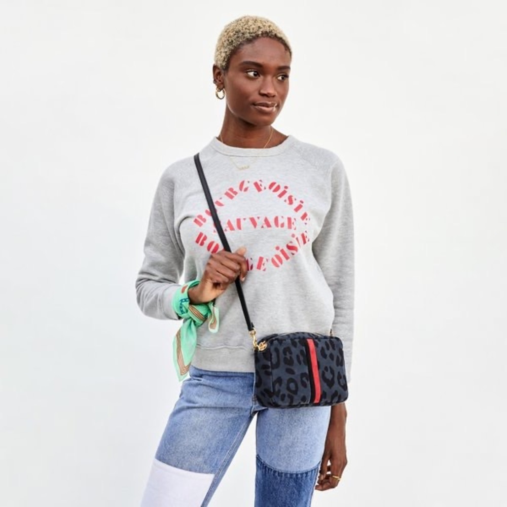 Clare V Midi Sac Crossbody Bag Marine Pablo Cat Leopard Suede Black & Red Stripe